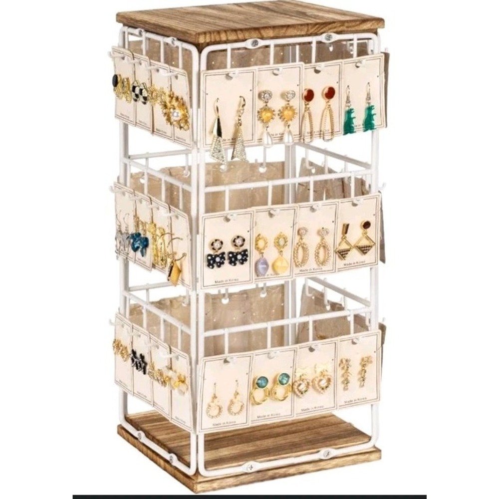 Yoimori Earring Holder Organizer Rotating Jewelry Display Wood Base White s24
